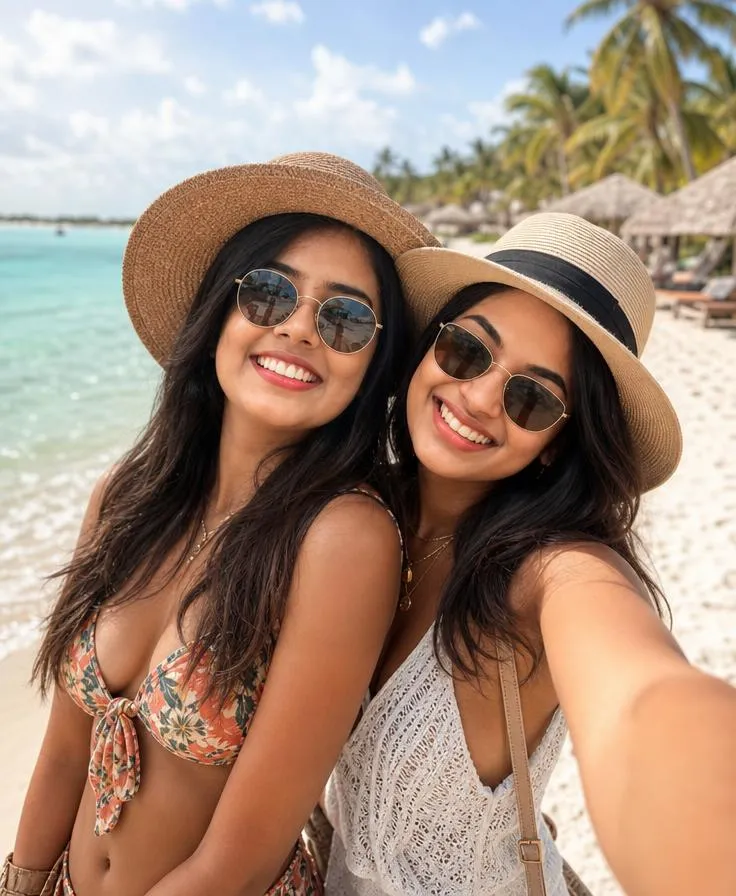 Two best friends taking a cheerful beach selfie with palm trees, turquoise water, and sunny skies behind them.