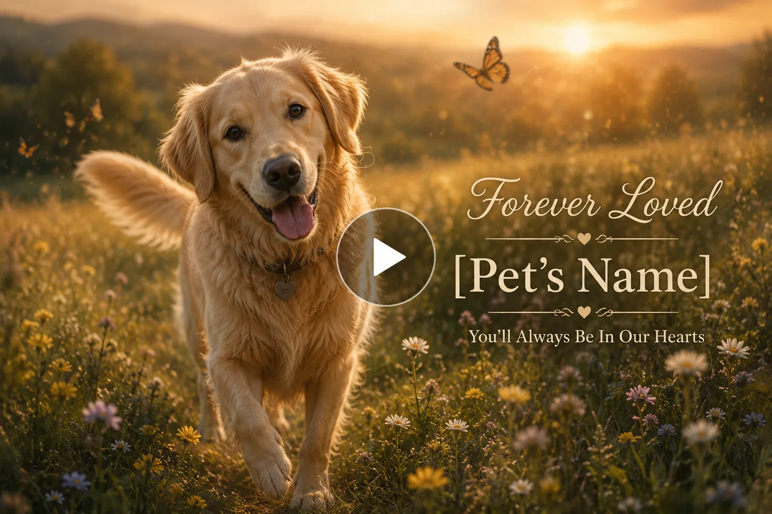 Video frame screenshot of Beloved pet sitting peacefully in a flower meadow.