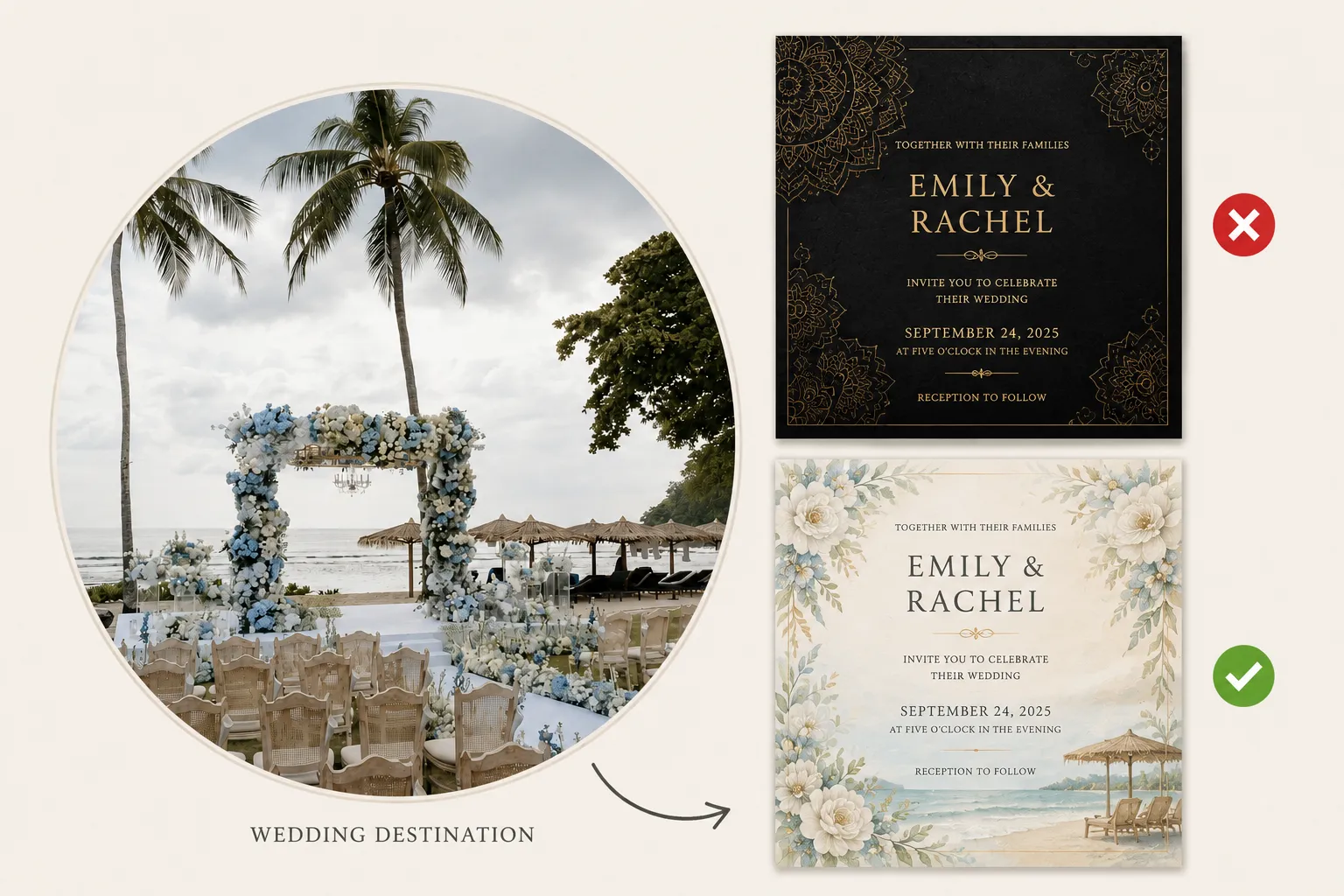Comparison banner showing a beach wedding destination beside two wedding invitations, contrasting a mismatched black gothic design against a beach-themed floral invitation