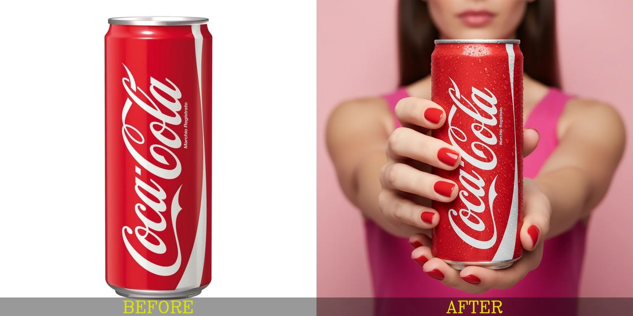 Before and after of a plain beverage can transformed into a vibrant product advertisement with a model.