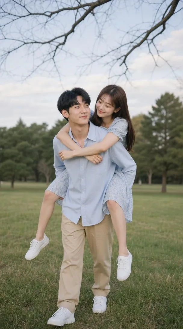 A boy and girl best friend sharing a playful piggyback ride in an open grassy field during sunset.