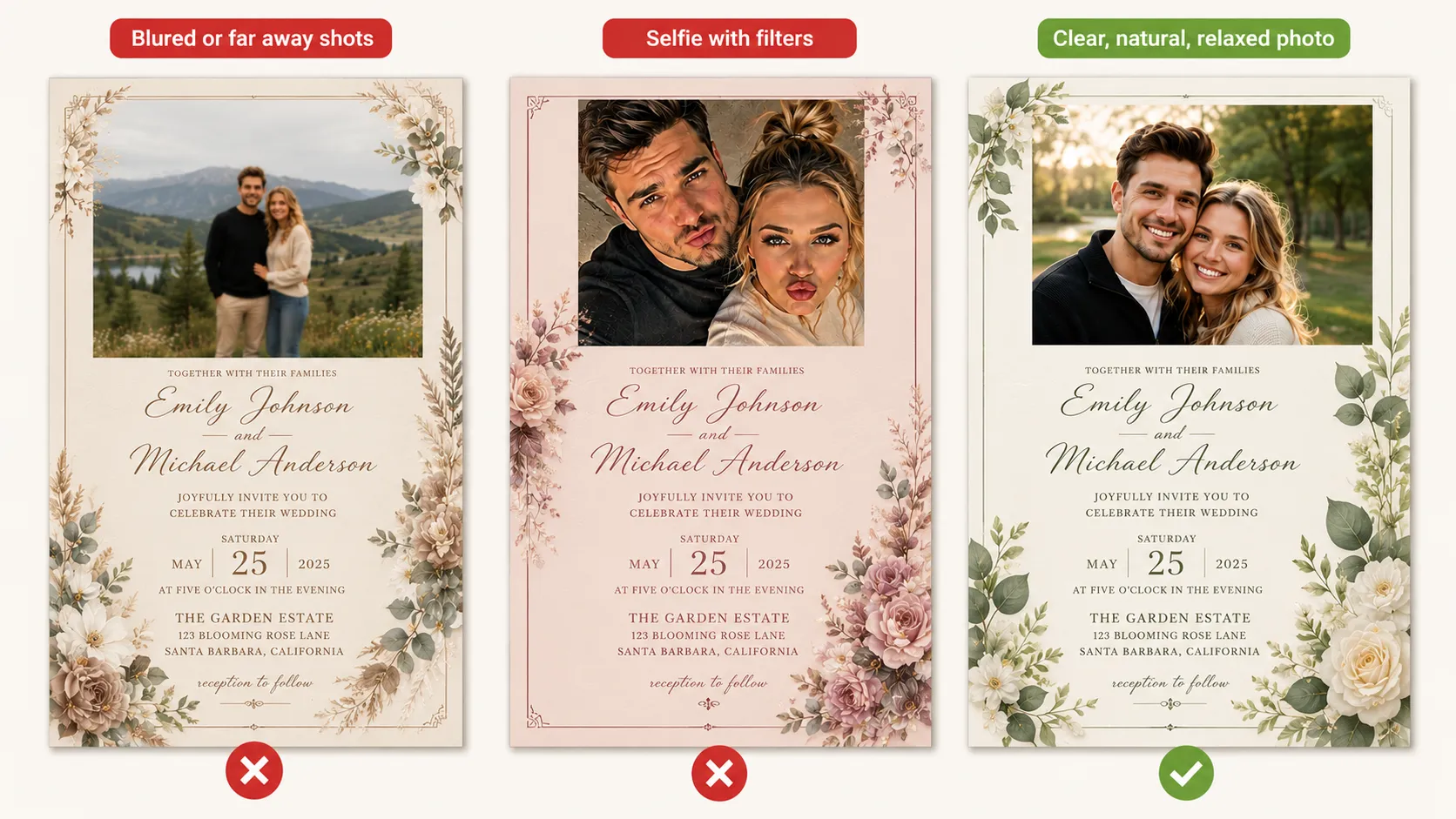 Comparison banner showing three floral wedding invitations with the same couple using a blurry distant photo, filter heavy selfie vs clear photo