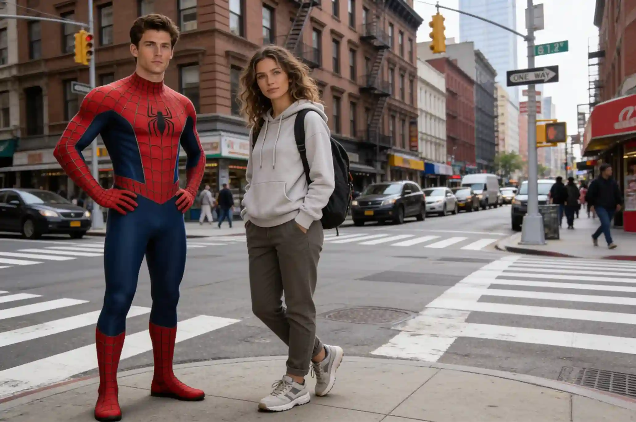 Spider-Man and MJ-inspired couple standing together in a realistic New York setting.
