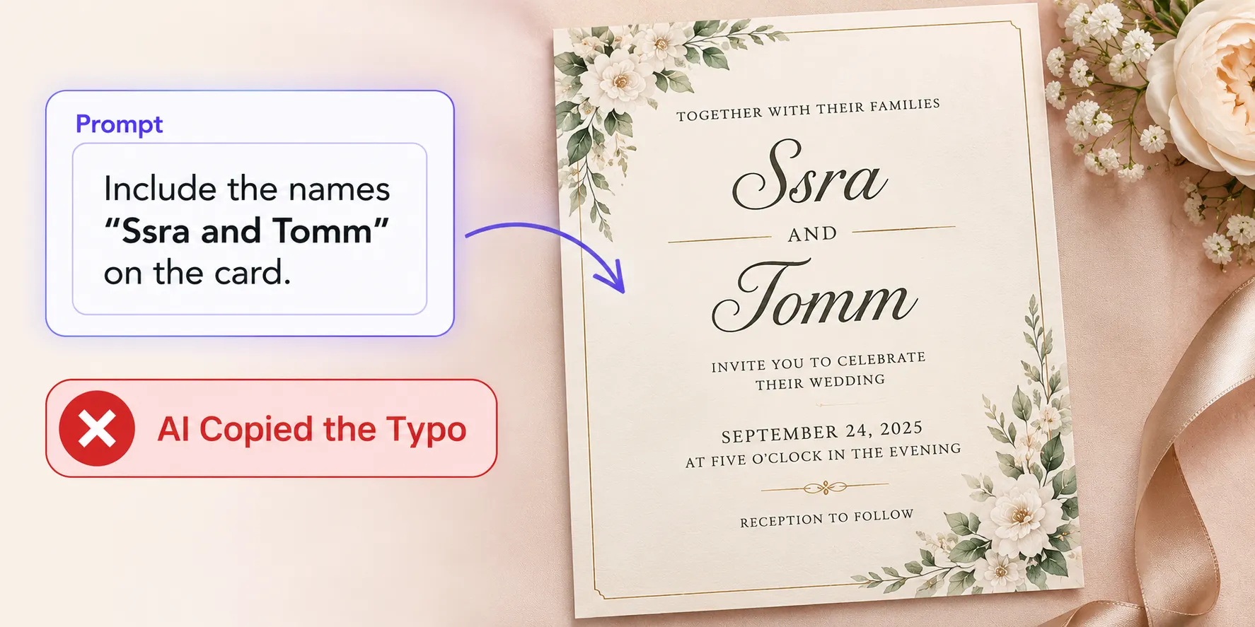 Horizontal banner showing a prompt with the misspelled names “Ssra and Tomm” alongside a wedding invitation that repeats the same typo, illustrating how AI copies prompt mistakes exactly.