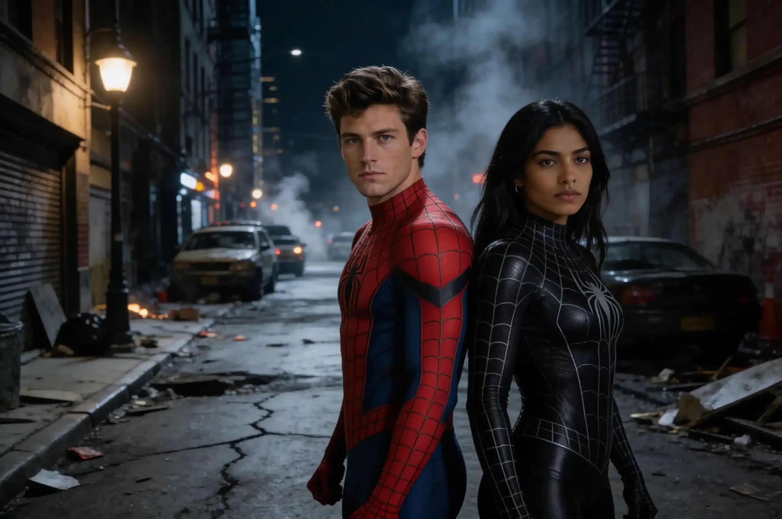 Two Spider-Man variants standing together in a dark apocalyptic city alley.