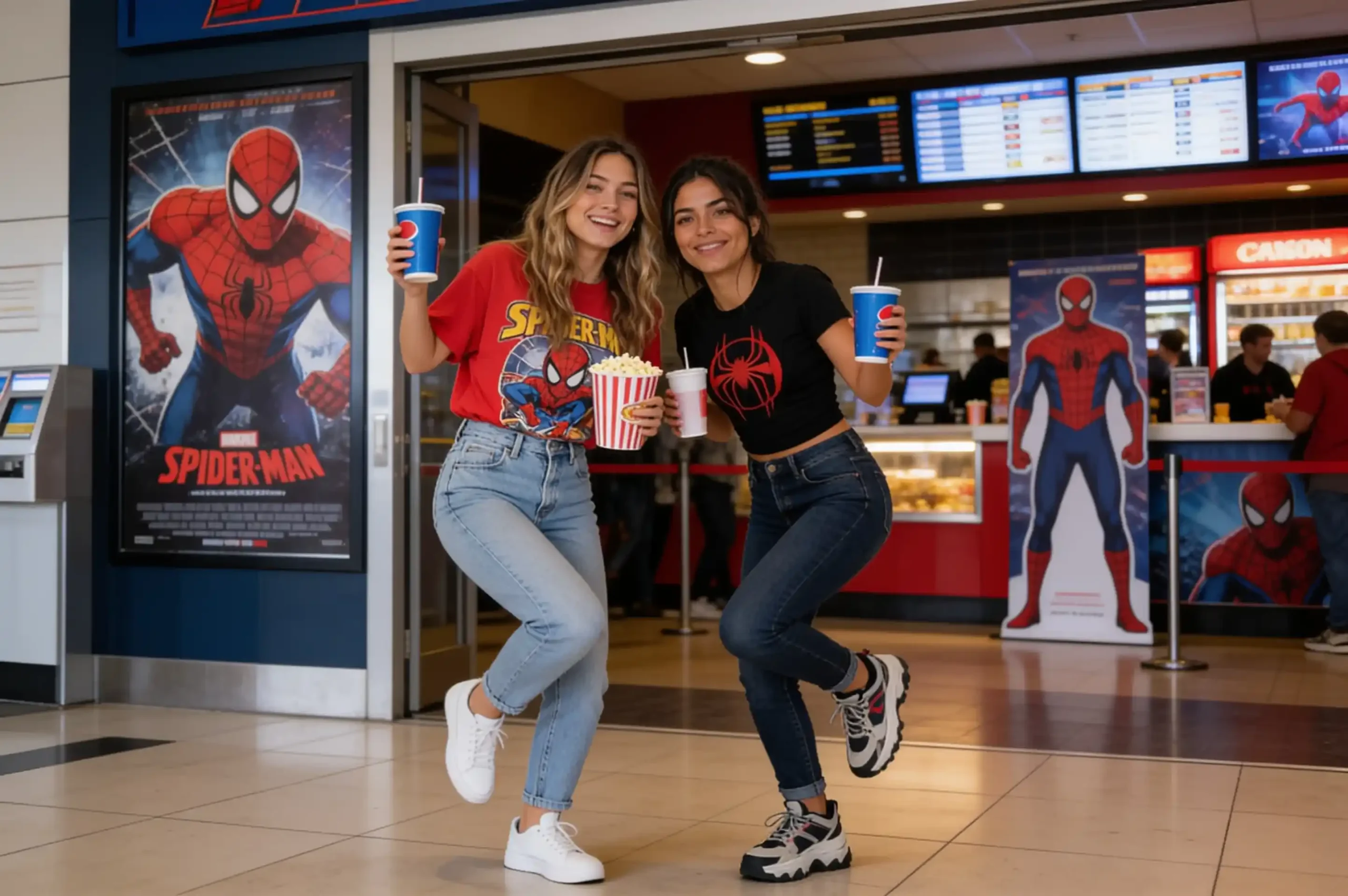 Two friends wearing Spider-Man-themed outfits at a movie theater.