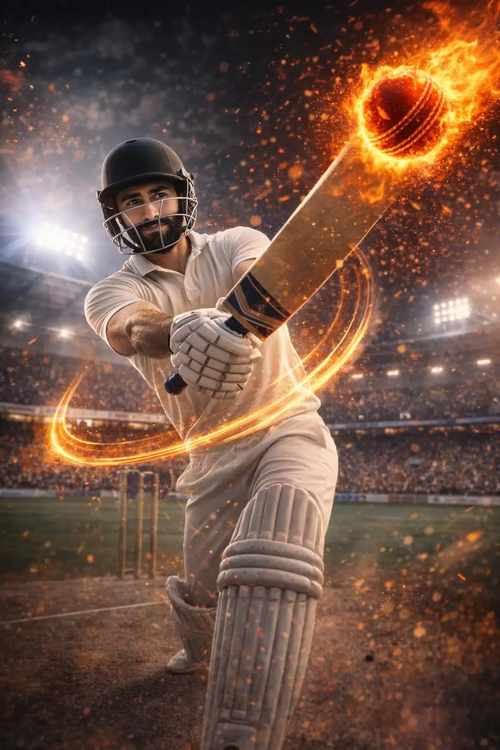 Fiery cricket batting scene with flaming red ball.