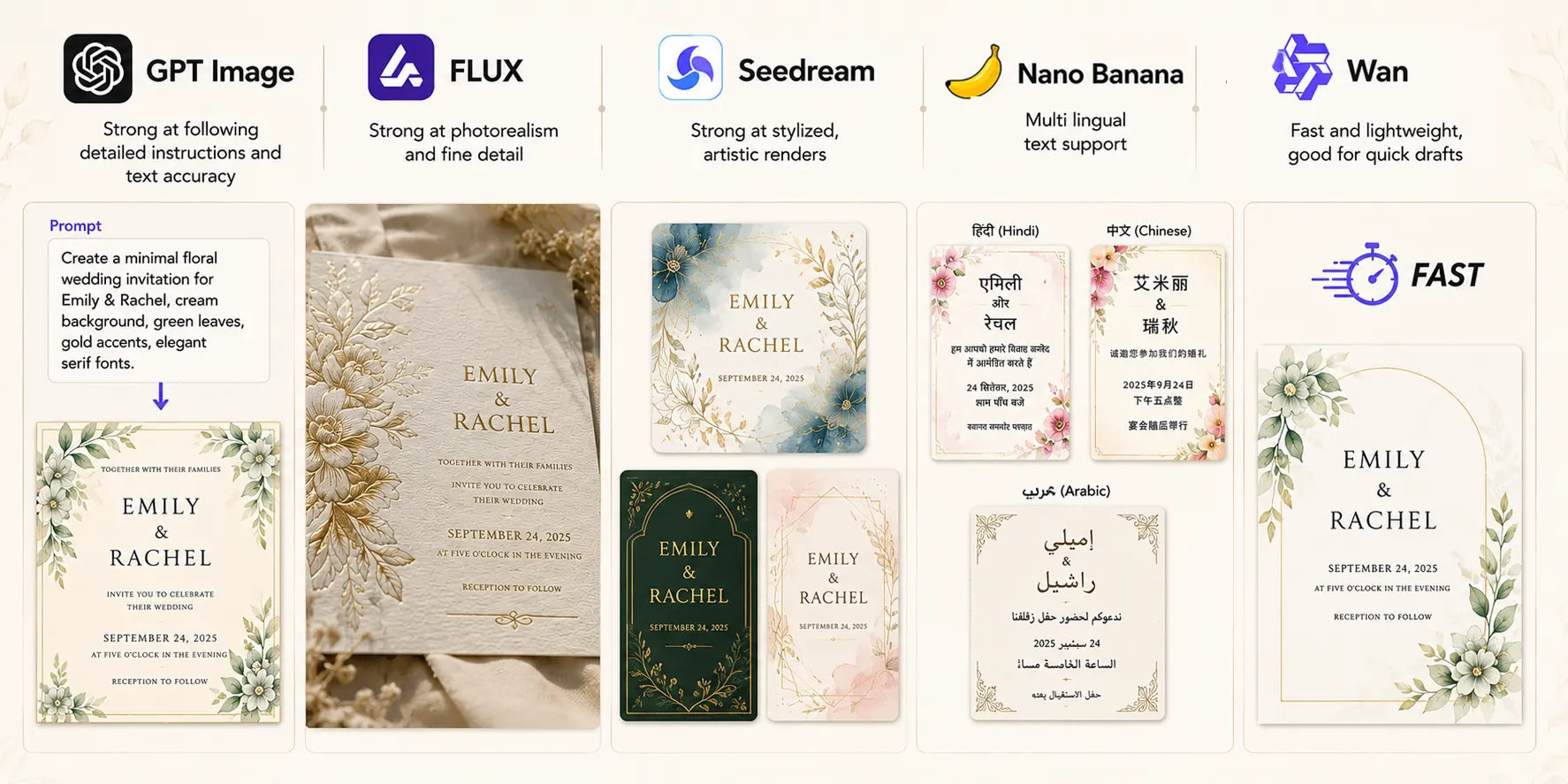 Comparison banner showcasing GPT Image, FLUX, Seedream, Nano Banana and Wan with example wedding invitation outputs highlighting text accuracy, photorealism, artistic styles, multilingual text support, and fast generation.