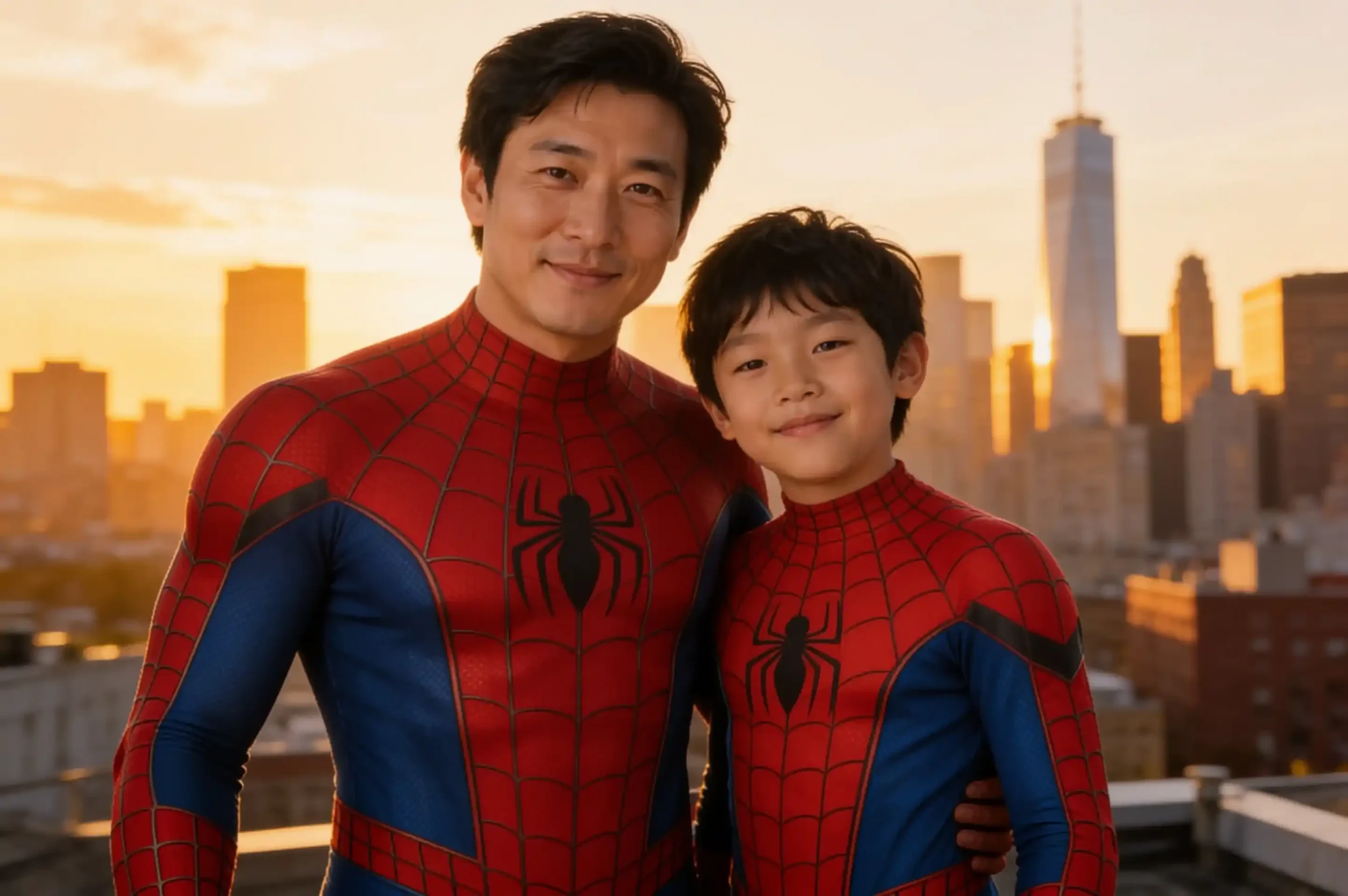 Father and son wearing matching Spider-Man-inspired superhero suits together.