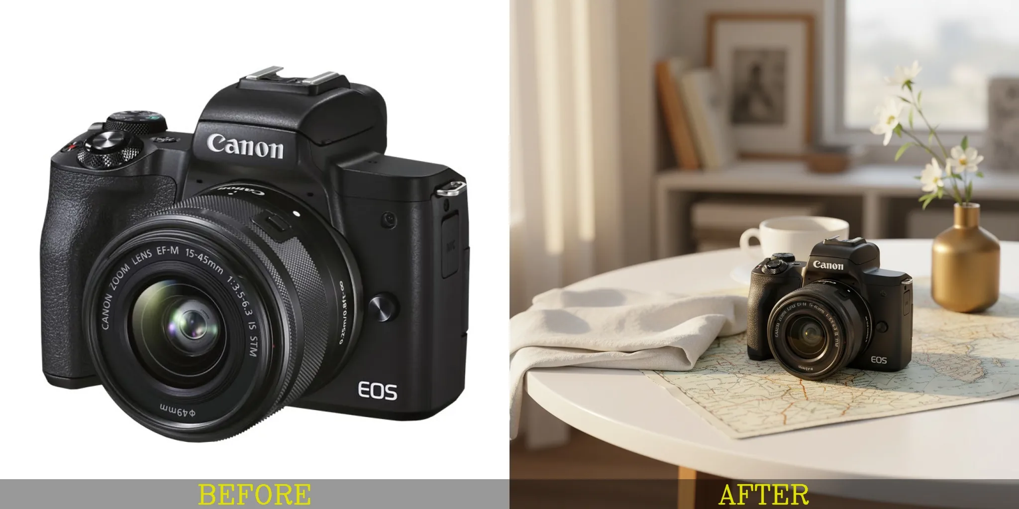 Before-and-after of a Canon camera transformed into a lifestyle advertisement with travel props.