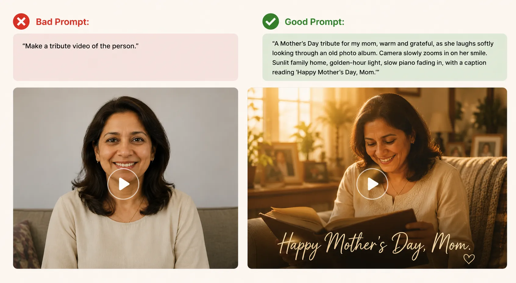 Side-by-side comparison showing how a vague prompt creates a basic tribute video while a detailed prompt produces a cinematic Mother's Day tribute with richer visuals & storytelling.