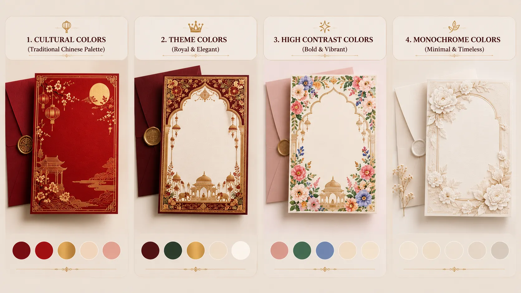 Four wedding invitation cards showcasing different color palette approaches with cultural colors, theme-based royal colors, high-contrast pastel colors, and monochrome ivory shades.