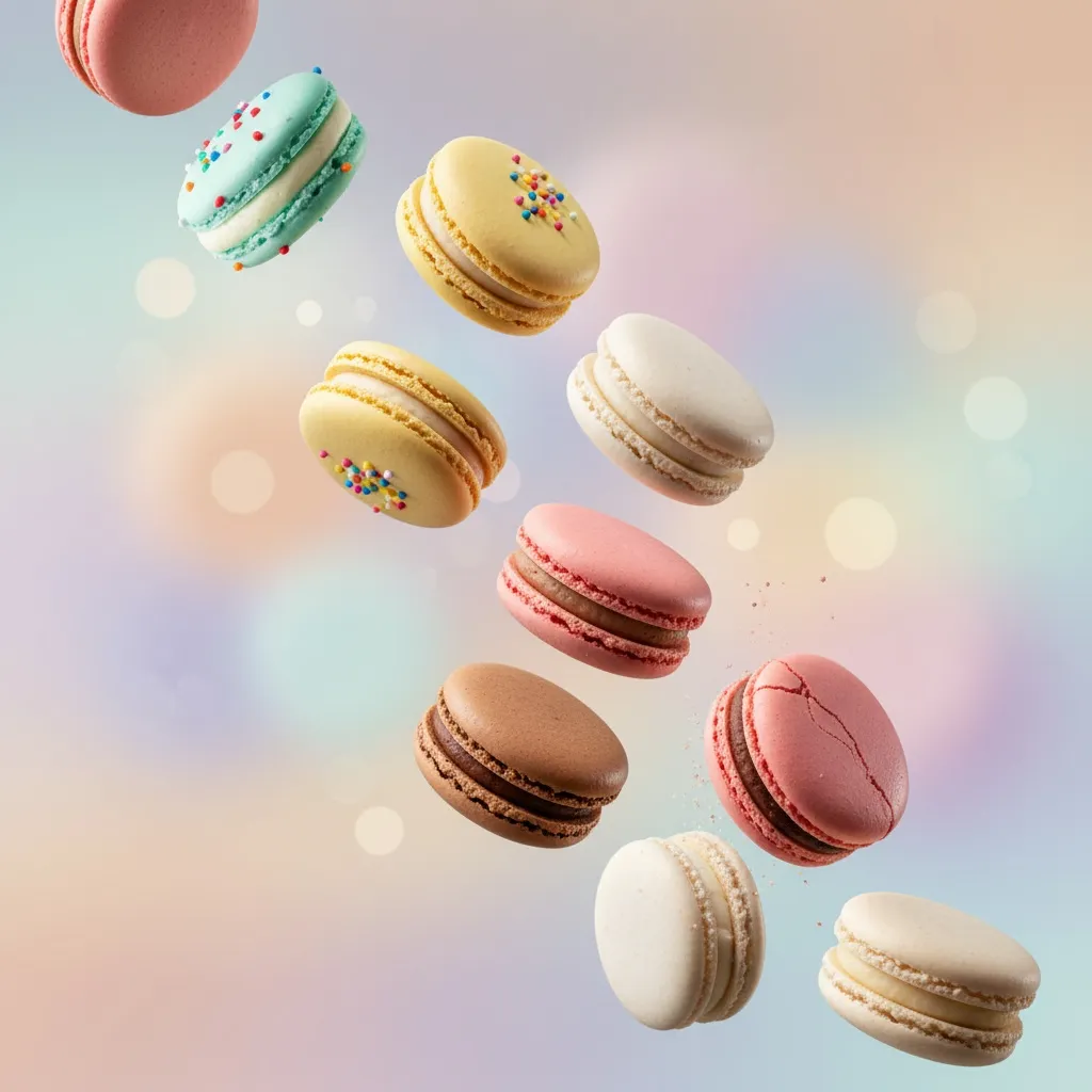 Colorful pastel macarons suspended mid-air with floating sugar dust against a dreamy blurred backdrop.