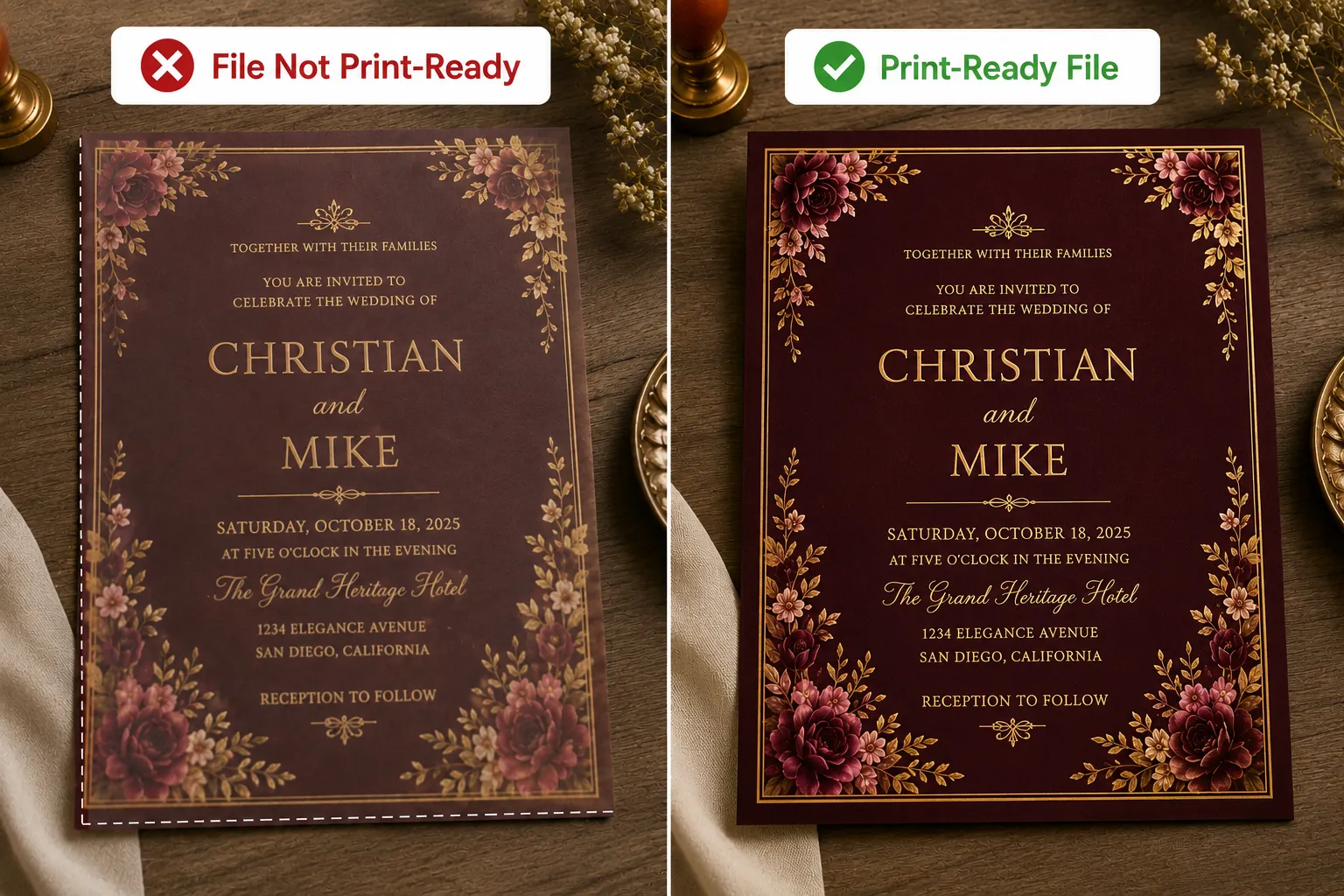 Comparison banner showing two printed royal maroon and gold wedding invitations for Christian and Mike, contrasting a dull, blurry, improperly prepared print file with a sharp, vibrant print-ready version featuring accurate colors, clean margins, and crisp text.