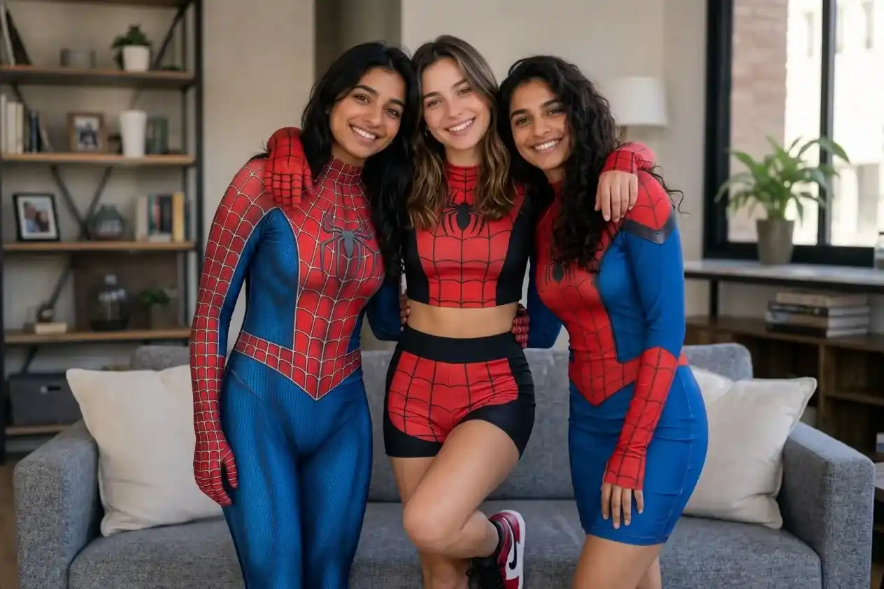 Three girls wearing different Spider-Man-inspired outfits in a fun casual pose.