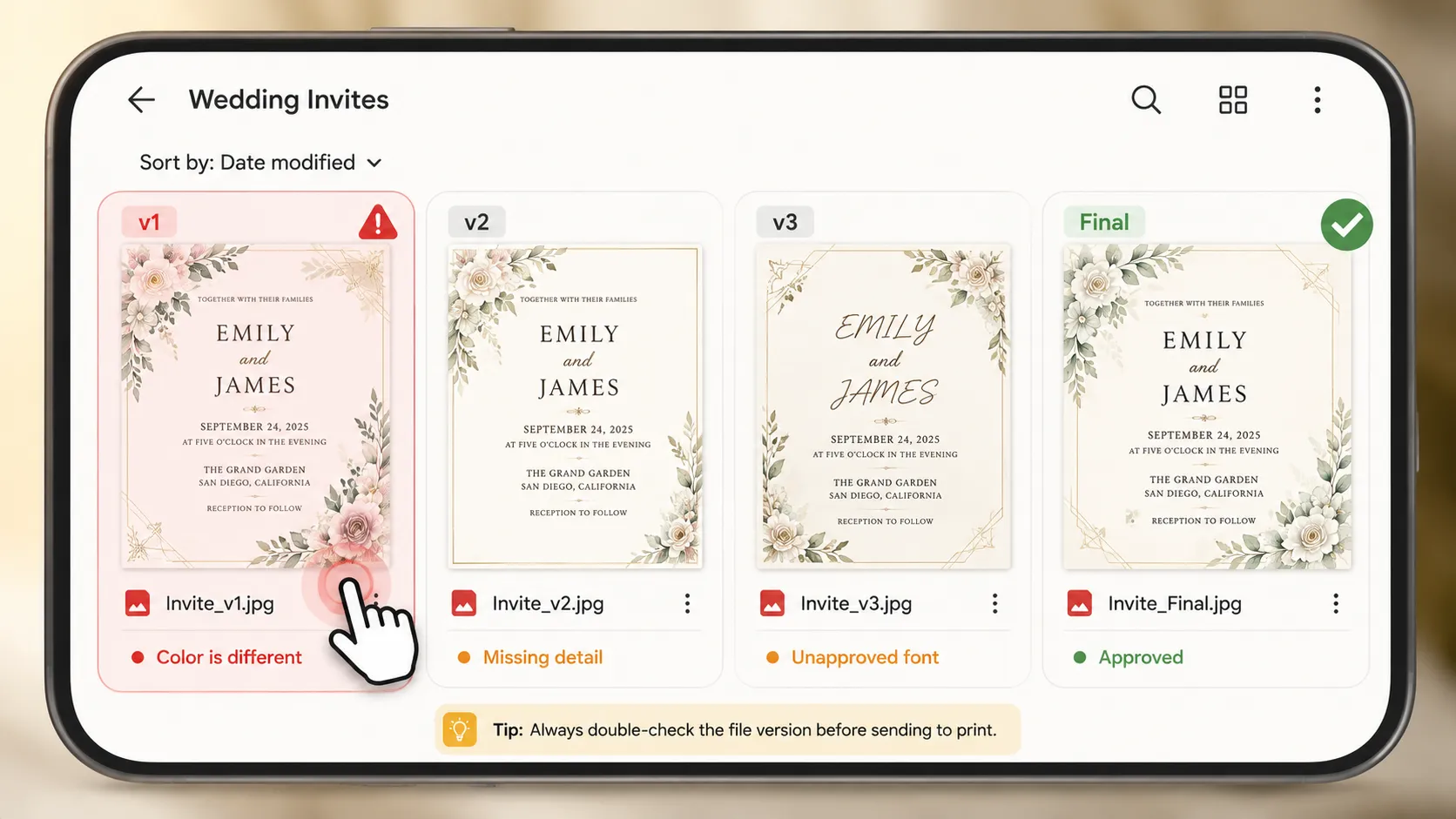 Horizontal banner showing a phone gallery with four wedding invitation file versions (v1, v2, v3, and Final), highlighting the mistake of selecting an earlier draft instead of the approved final version.