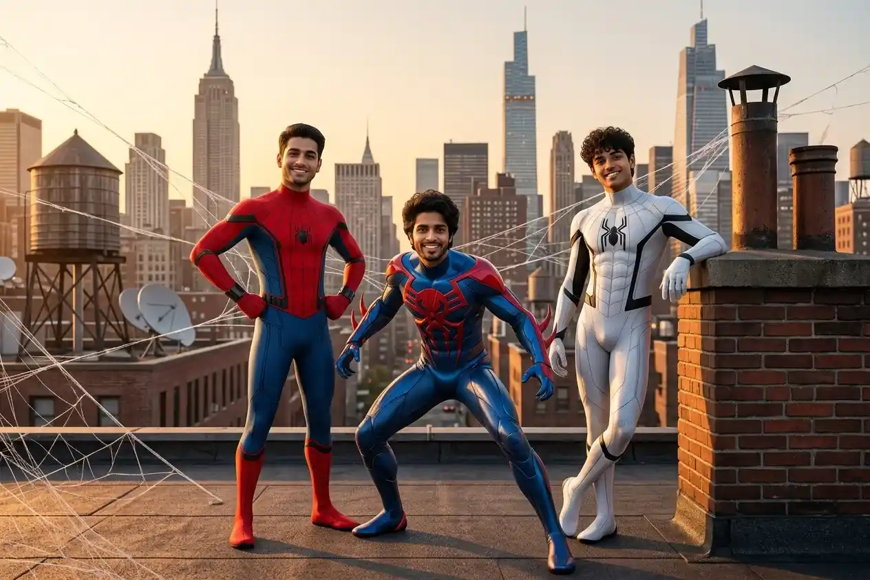 Three different Spider-Man variants standing together in a multiverse superhero scene.