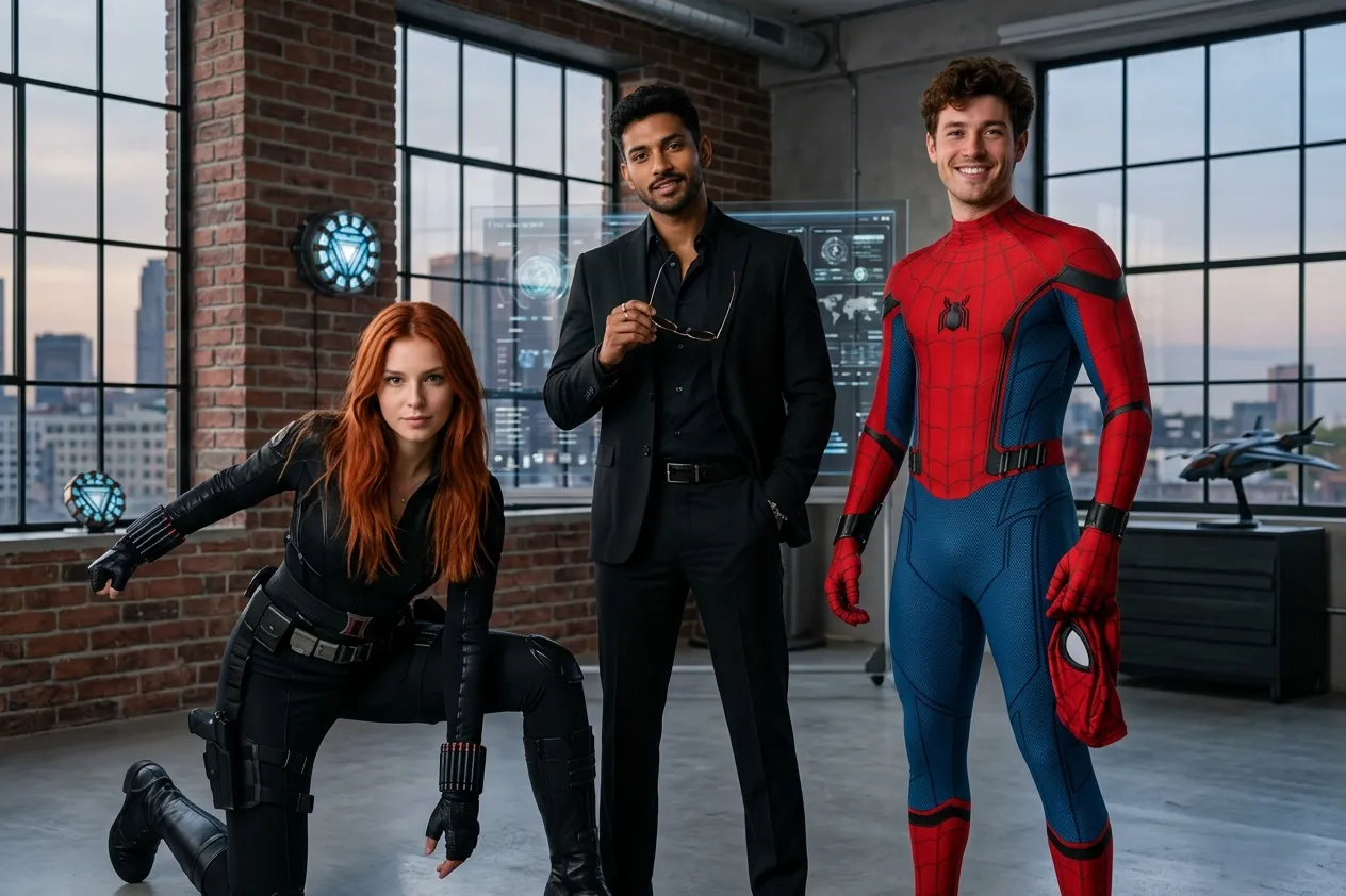 Superhero trio featuring Spider-Man, Tony Stark-inspired hero, and Black Widow-inspired character.