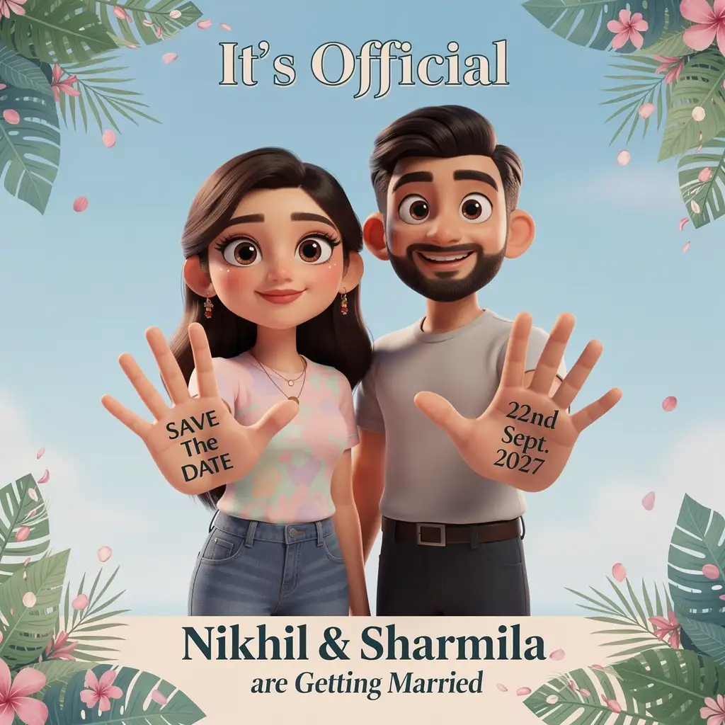 Cute 3D cartoon AI save-the-date wedding poster with an Indian couple displaying the wedding date on their palms.