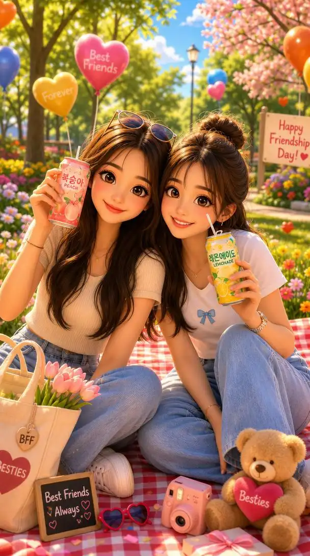 Two best friends reimagined as colorful Pixar-style animated characters in a bright park setting.