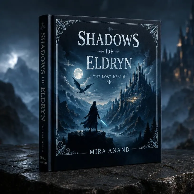 Hardcover fantasy book standing on a dark stone surface with subtle mist and cinematic lighting.
