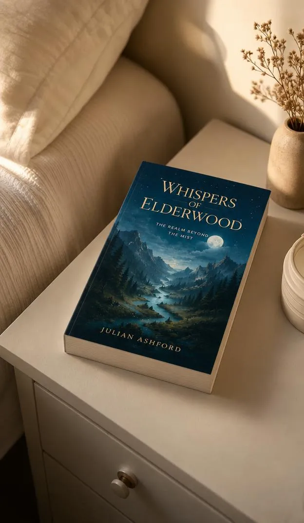 Book resting on a bedside table beside a softly textured bed in warm natural light.
