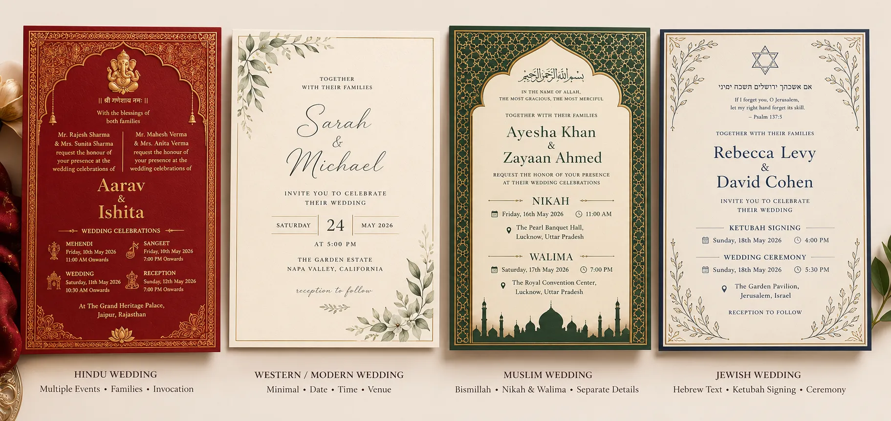 Four wedding invitation cards side by side showing how Hindu, Western, Muslim, and Jewish wedding invitations include different content, traditions, and ceremony details based on their culture.