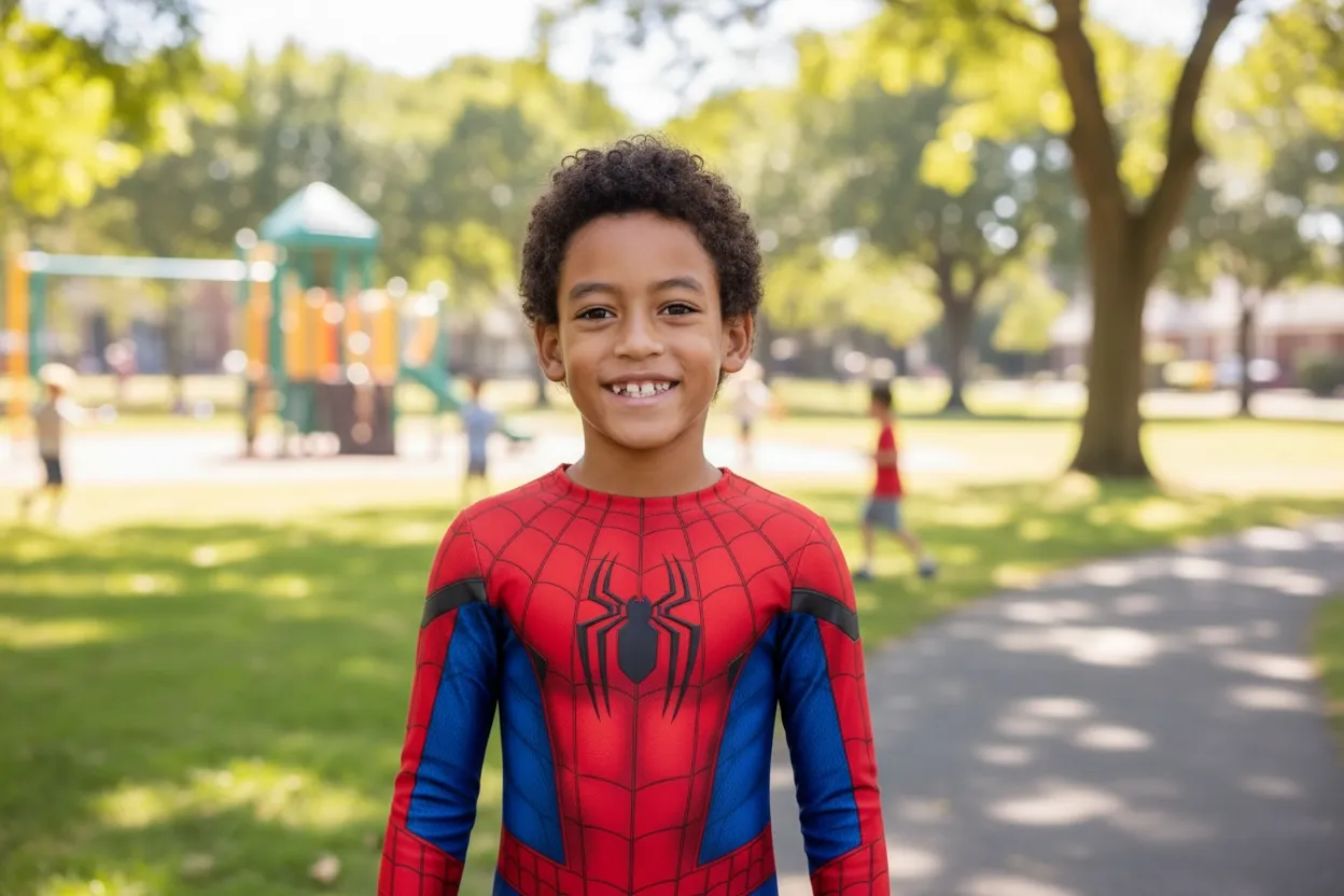Child transformed into a Spider-Man hero with a fun superhero pose and colorful city background.
