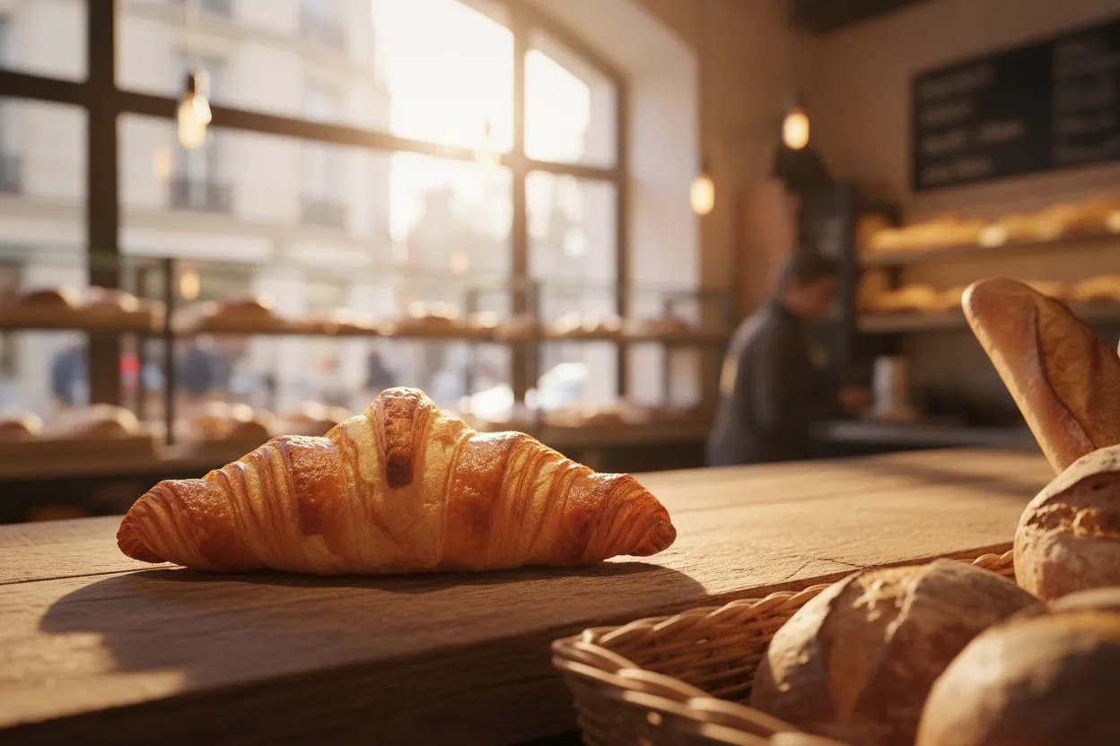 A flaky croissant on a rustic bakery counter inside a softly blurred Parisian bakery.