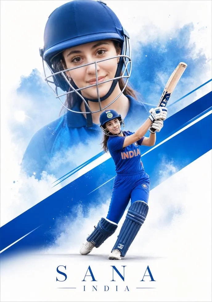 Cricket batting poster with blue helmet and lofted shot.