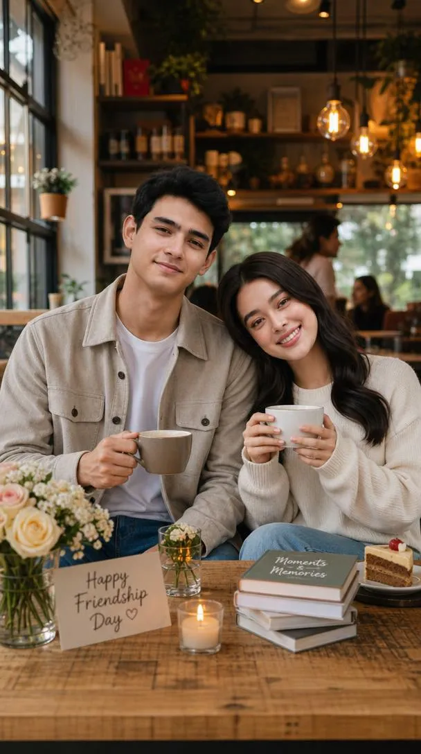 A boy and girl best friend enjoying coffee together at a stylish café with a cozy atmosphere.