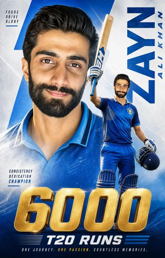 Cricket milestone poster celebrating 6000 T20 runs.