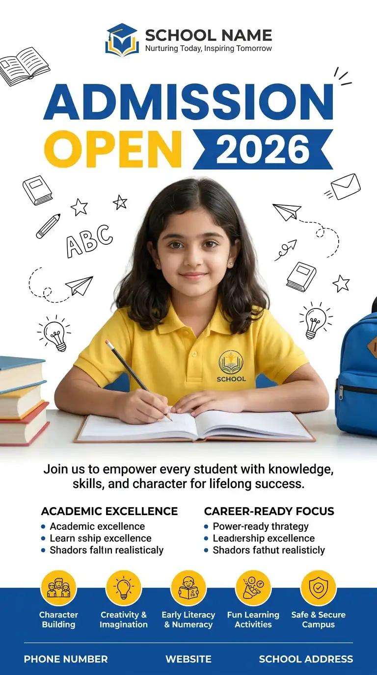 School admission poster with child writing in classroom.