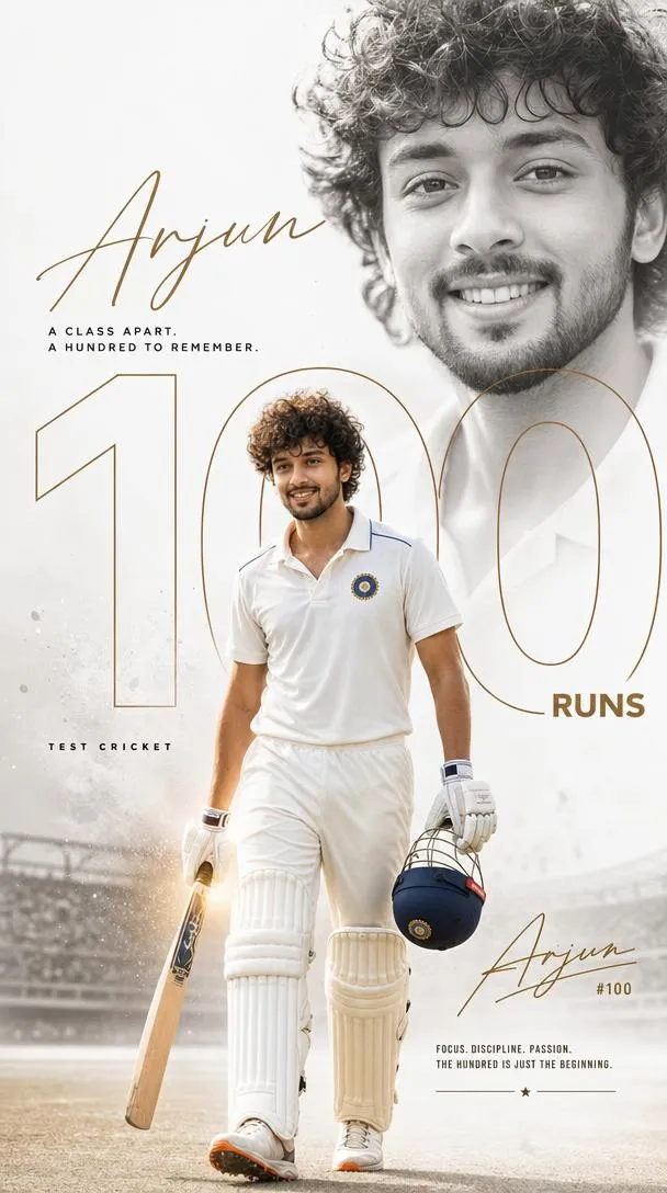 Cricket milestone poster with player in white Test kit.