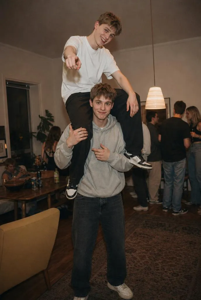 Two college friends having fun at a house party, one sitting on the other's shoulders in a cozy indoor setting.