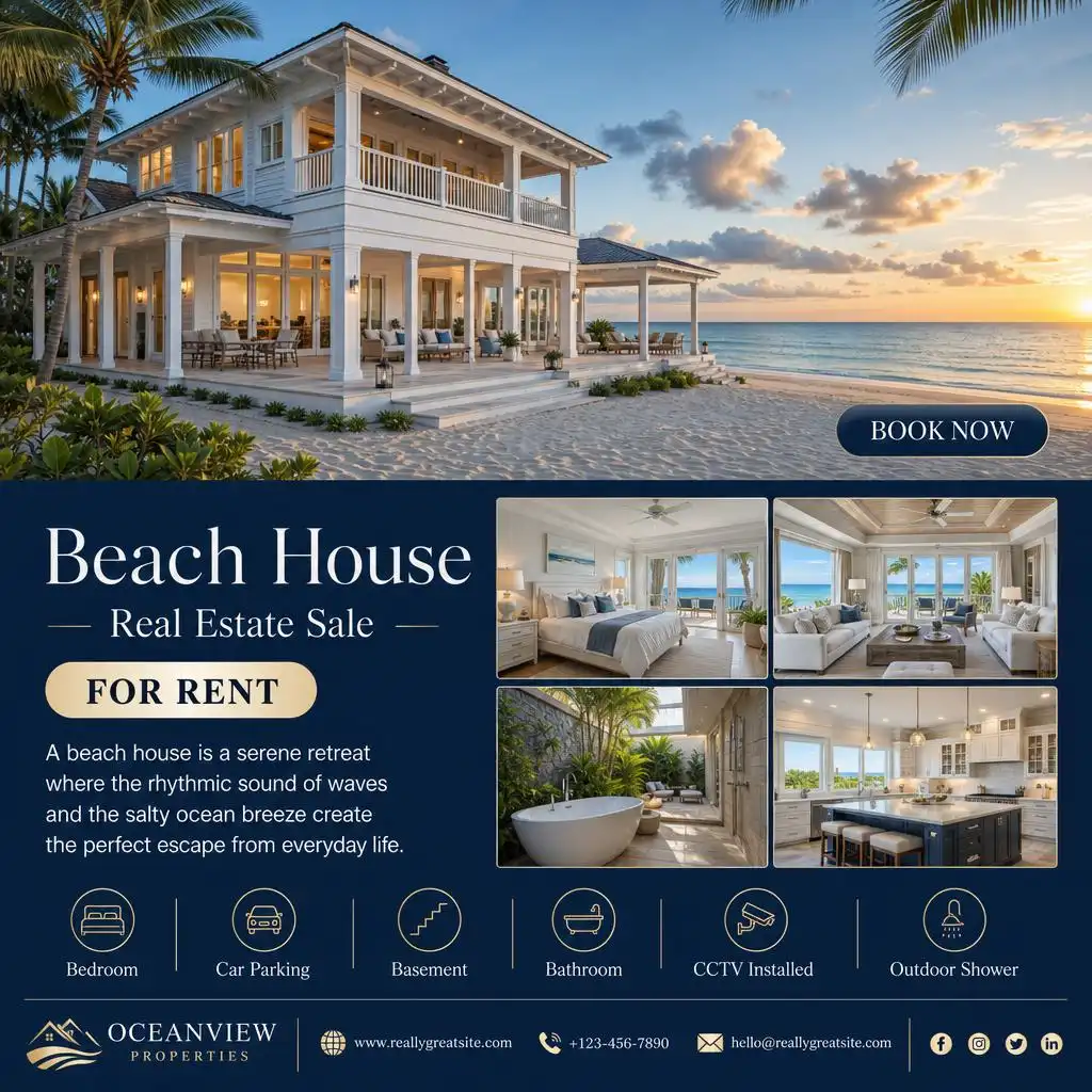 Beachfront property flyer featuring a luxury ocean-view villa with modern amenities and rental details.