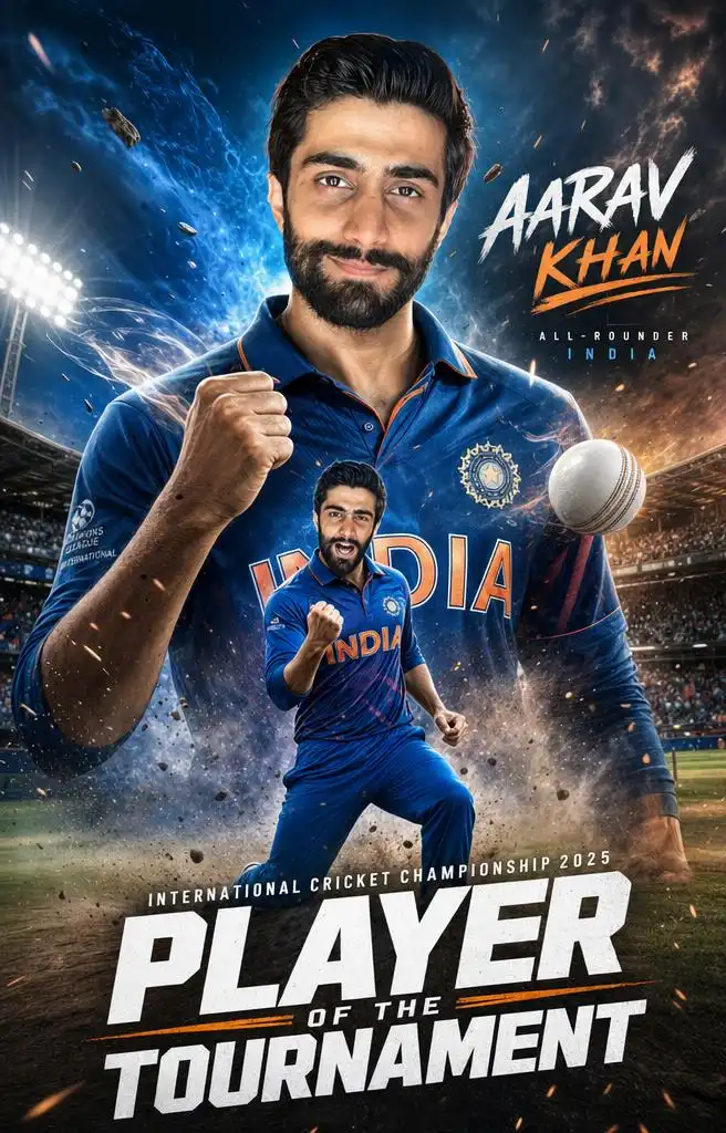 Cricket tournament poster with wicket celebration.
