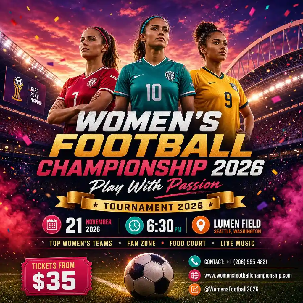 Women's football championship poster featuring three female players.