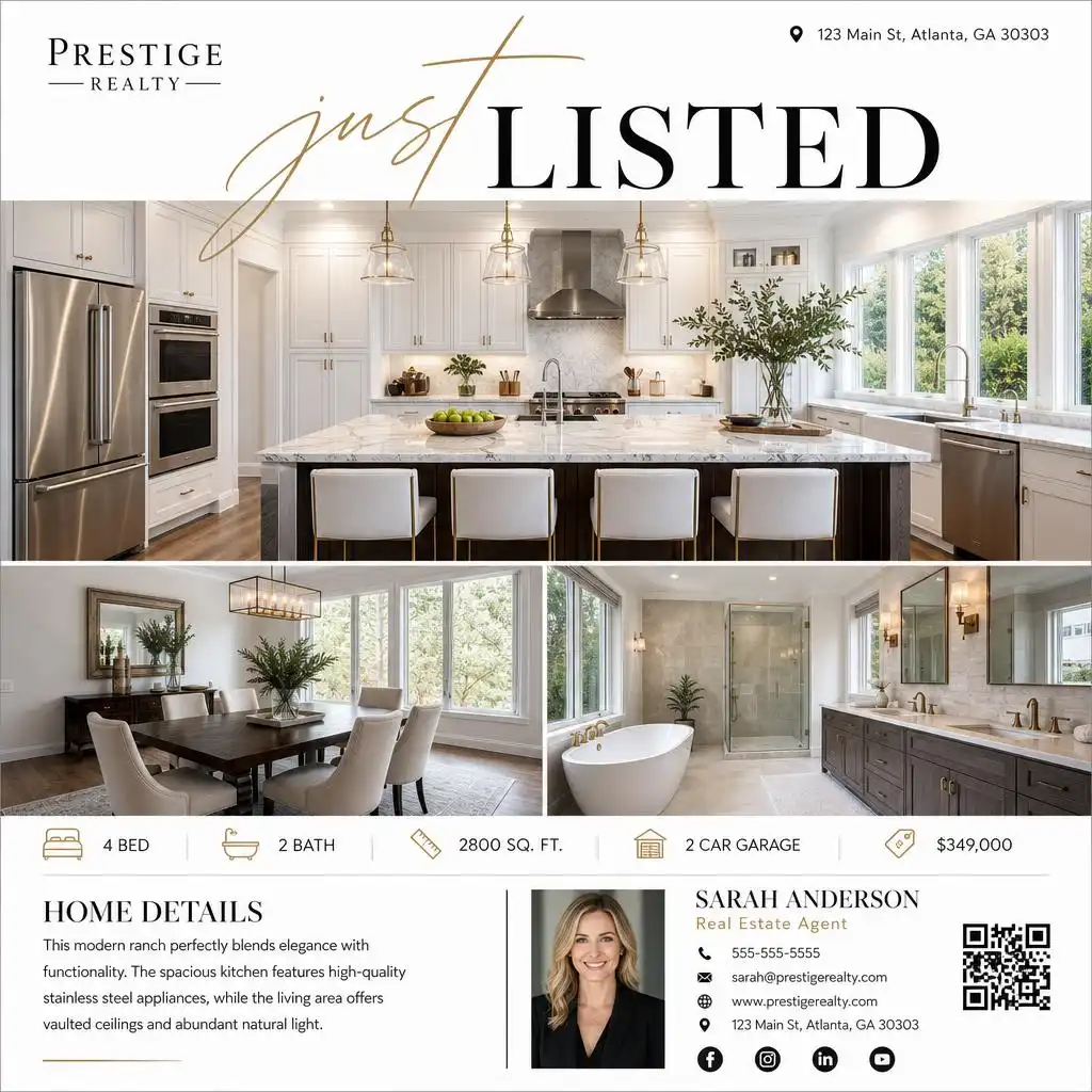 Just listed family home flyer featuring a modern kitchen, property details, and realtor contact information.