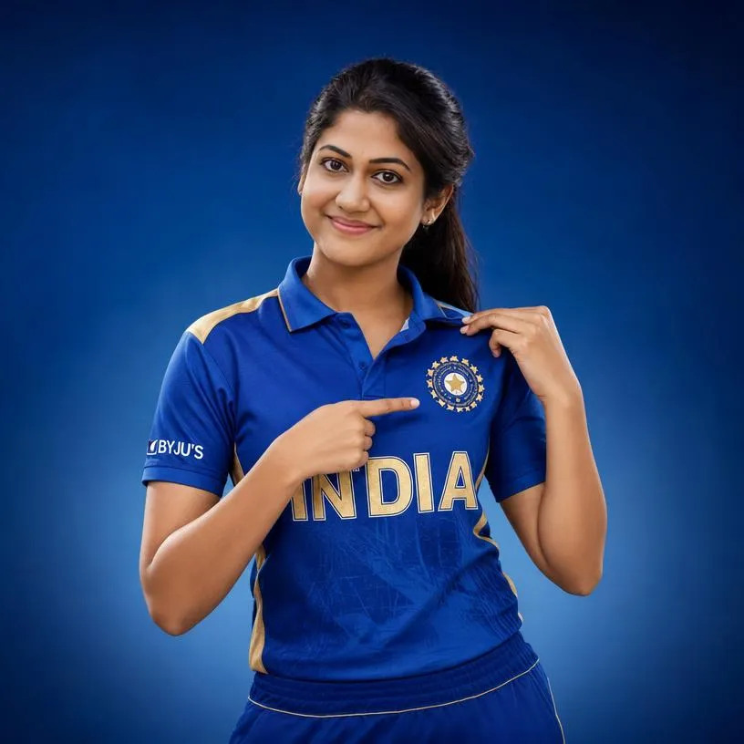 Professional cricket portrait pointing to team logo.
