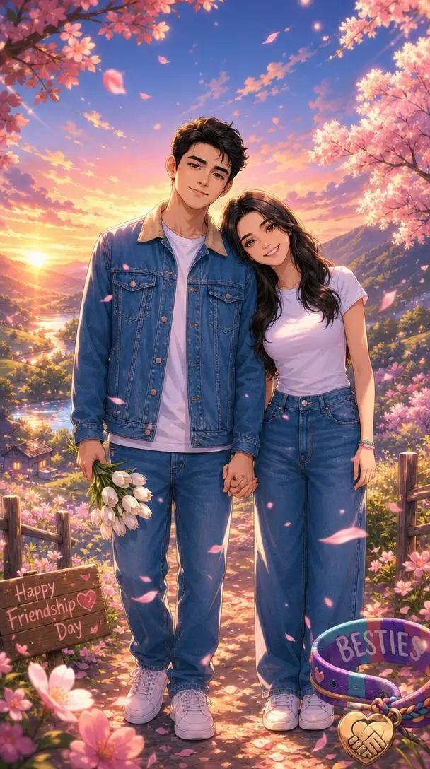 Two best friends transformed into anime characters surrounded by cherry blossoms and a scenic landscape.