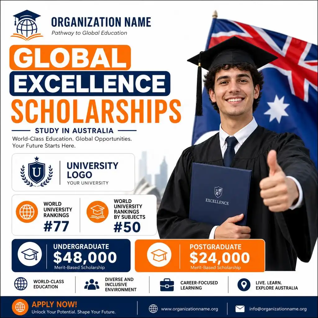 Modern scholarship promotion poster for international students.