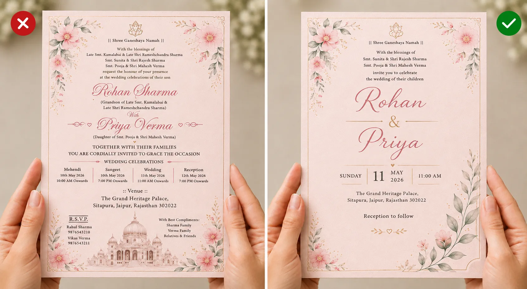 Comparison of a crowded and a clean floral wedding invitation card, marked with a red cross on the left and a green check on the right.