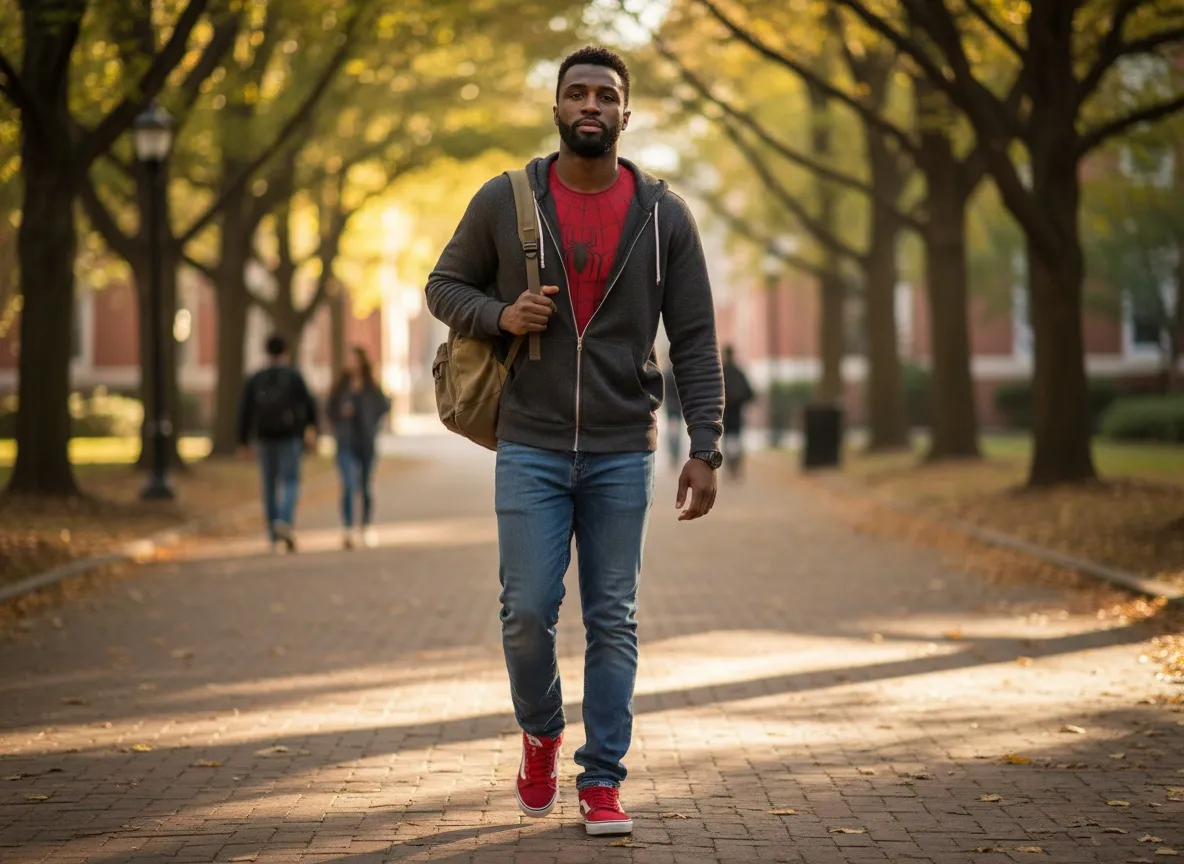 Man as Peter Parker-inspired character walking through a realistic city street.