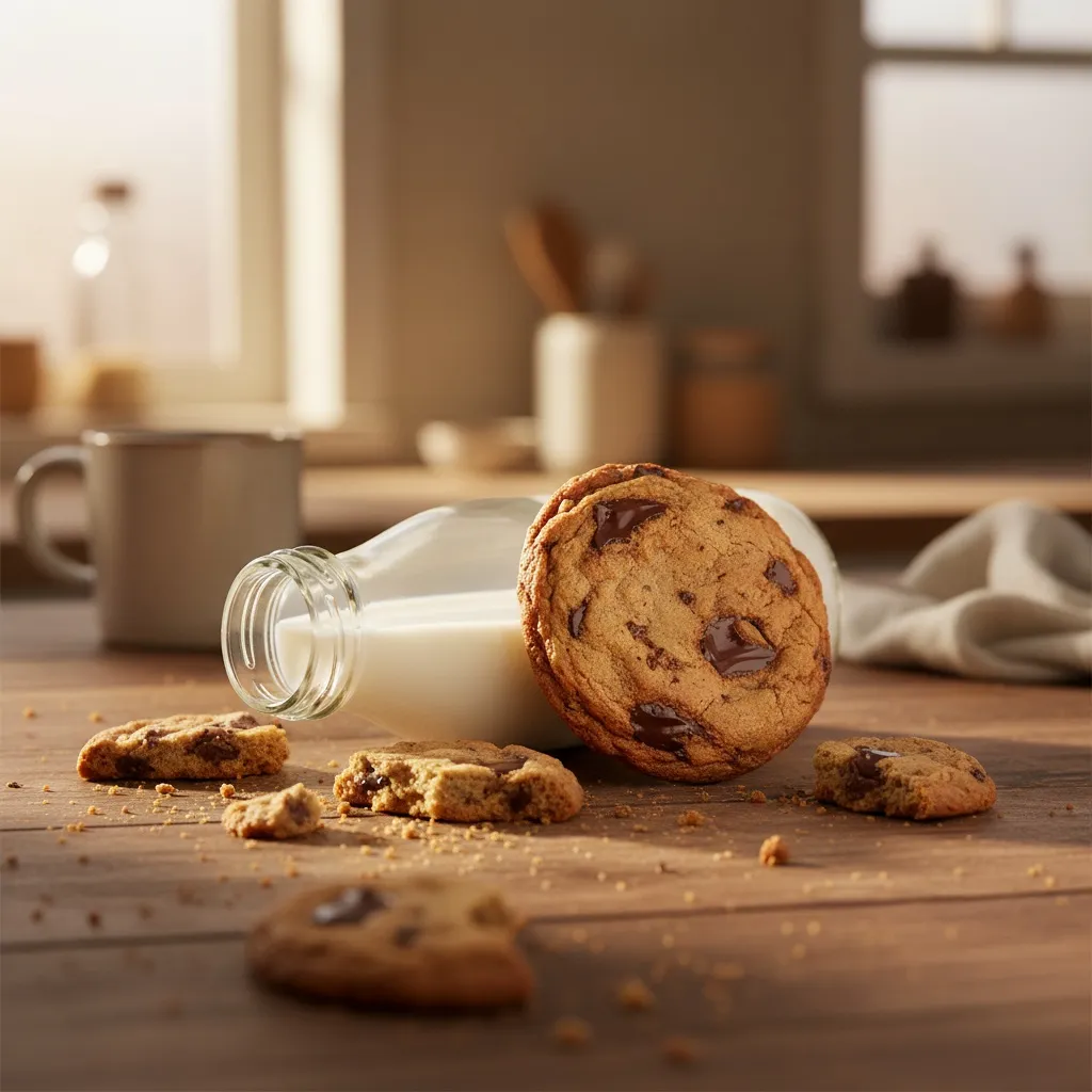 A chocolate chip cookie leaning against a glass milk bottle with crumbs scattered across a wooden table.