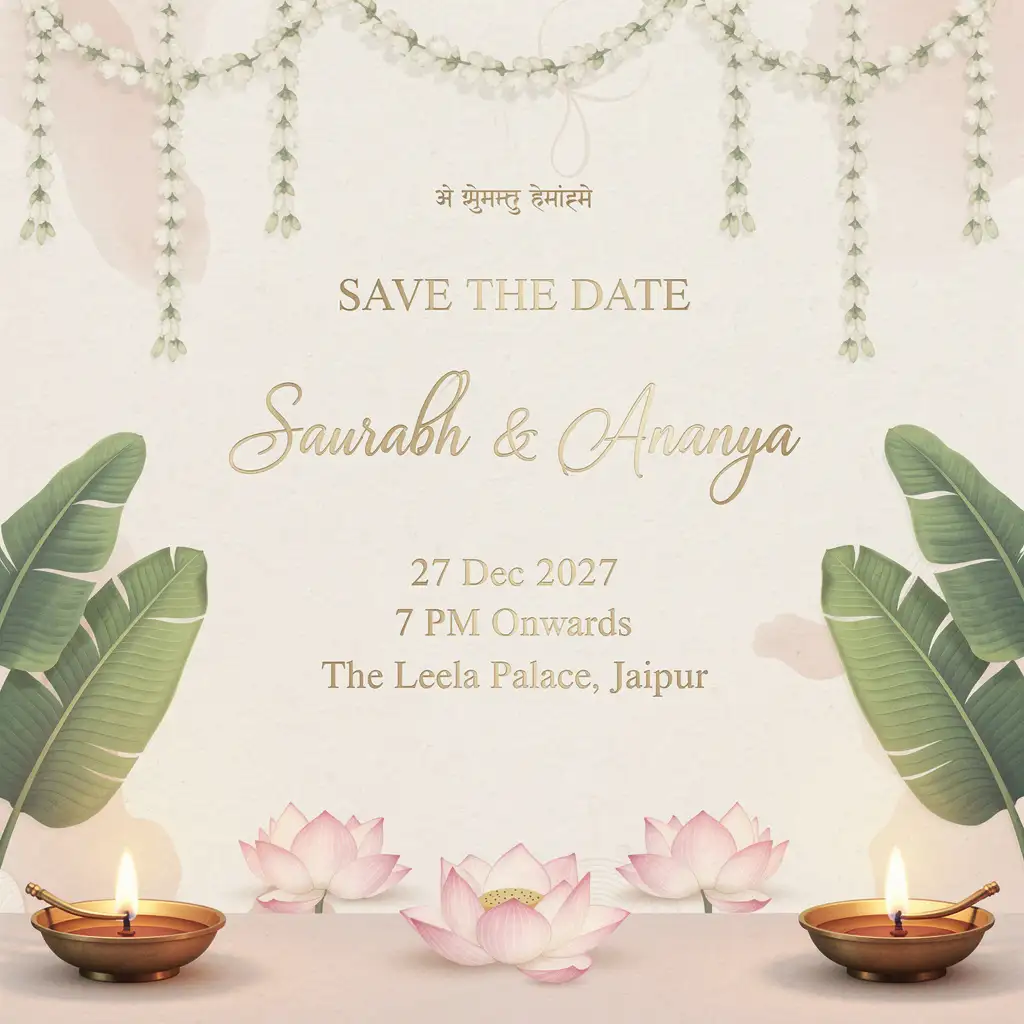 Luxury Indian save-the-date invitation featuring jasmine garlands, brass diyas, lotus flowers, and elegant wedding typography.
