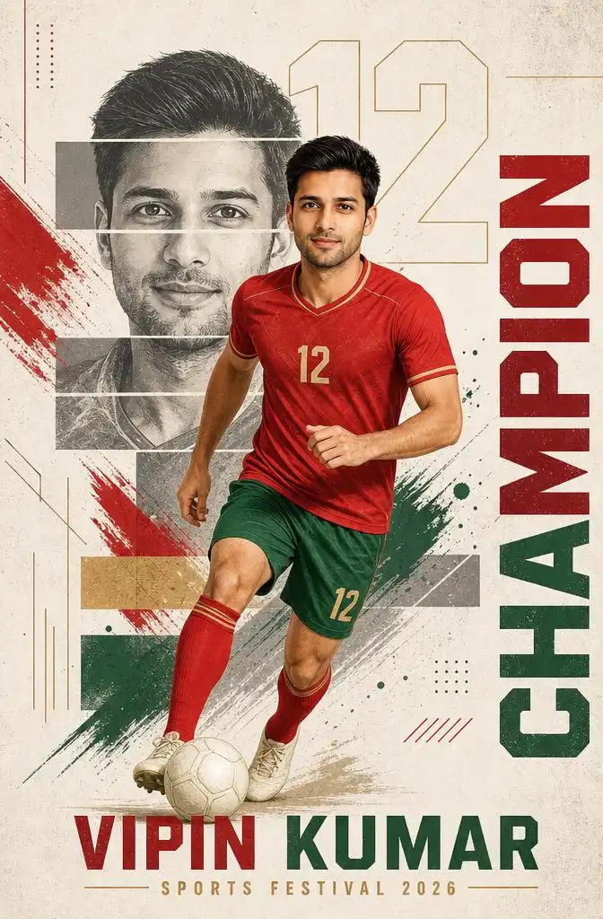 Double exposure football player poster with artistic graphic elements.