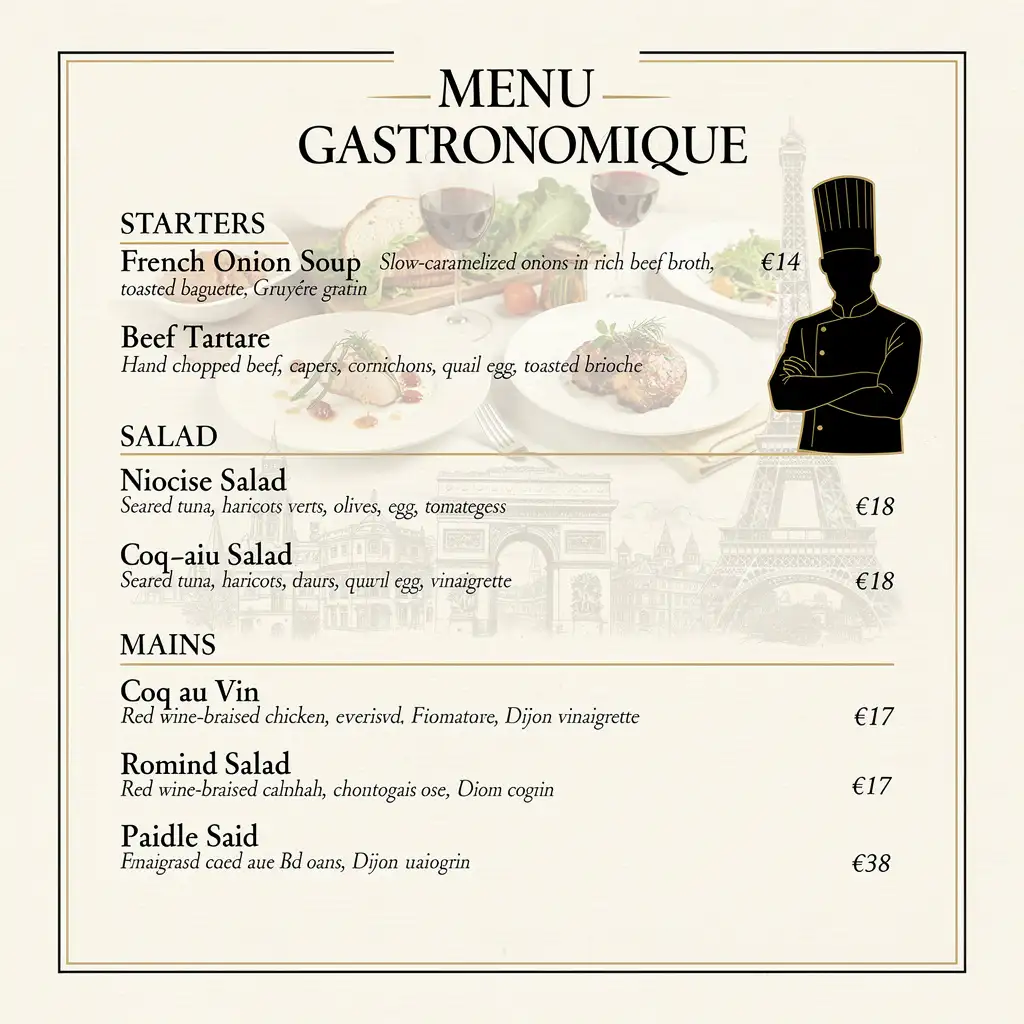 Elegant French fine dining menu with a cream background, gourmet dishes, and luxury serif typography.