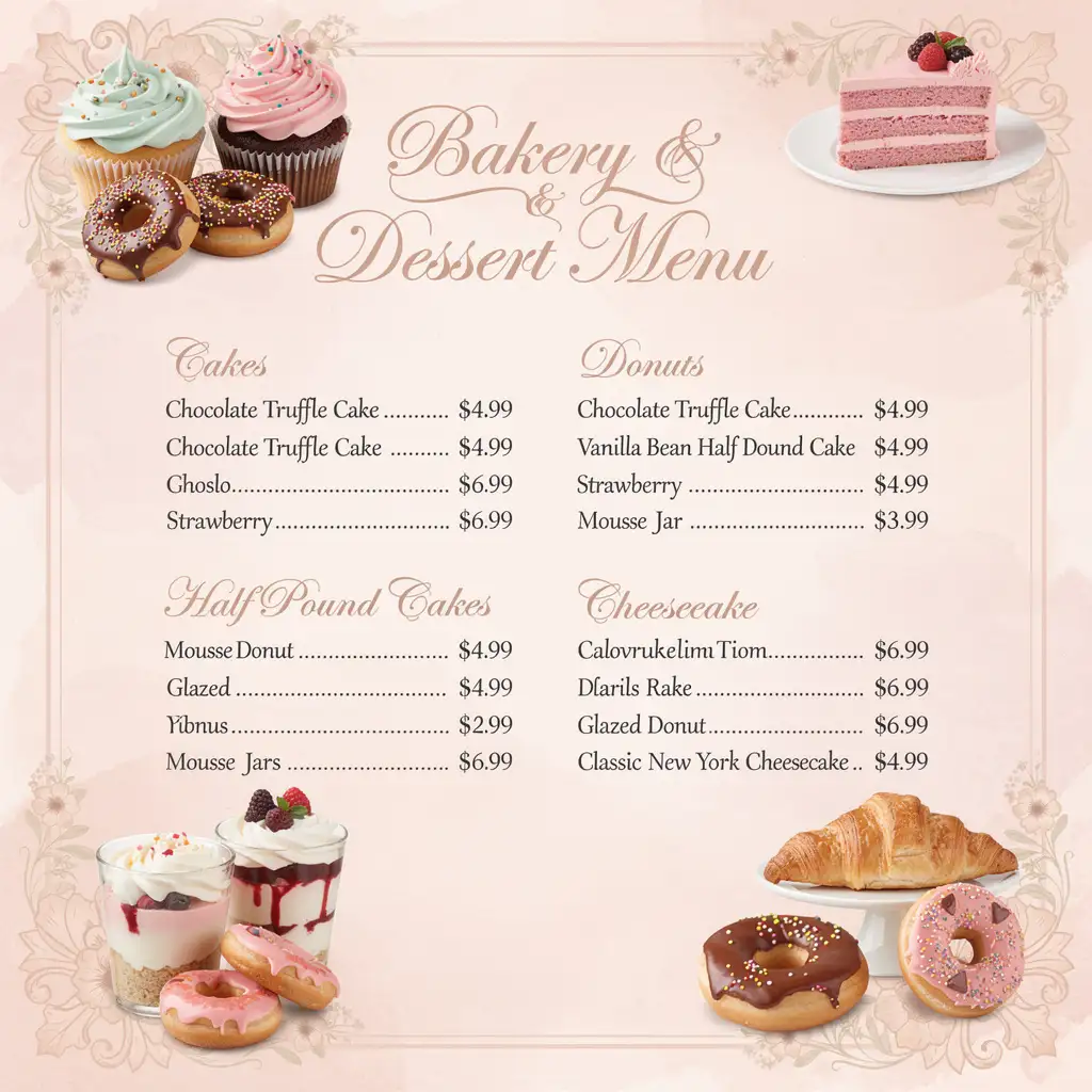 Elegant bakery and dessert menu with cakes, pastries, donuts, and soft pastel floral design.