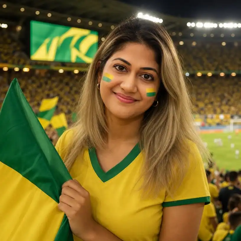 Football fan portrait with face paint inside a packed stadium.